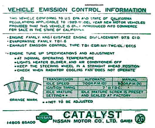 Nissan sentra - Motor GA16i - Calcomania de informacion
