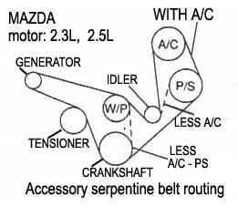 Mazda motor 2.3L, 2.5L - Serpentine belt routing