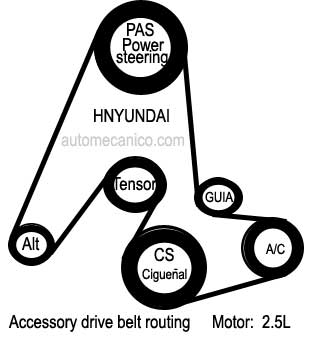 Hyundai / motor: 2.5L - Serpentine drive belt routing