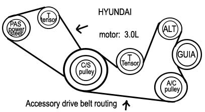 Hyundai / motor: 3.0L - Serpentine drive belt routing