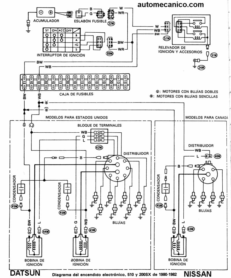 Datsun/Nissan: Diagrama encendido electronico, motor 4 cilindros - 4 y 8 bujias